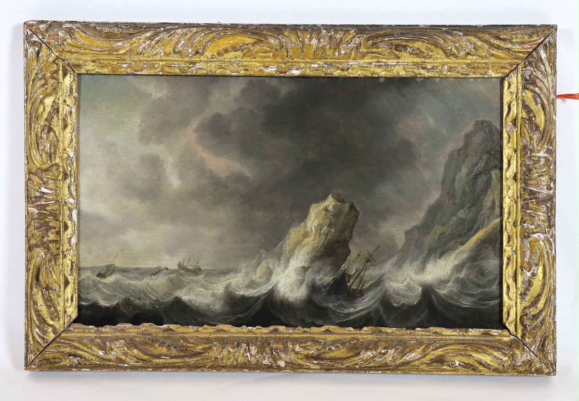 Jan Porcellis (Dutch, c.1584-1632), Shipping in stormy seas, oil on panel, 34 x 58cms.